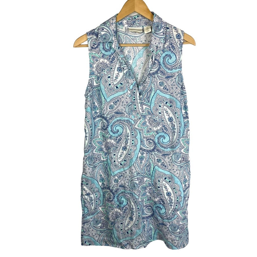 Cynthia Rowley Blue Paisley Split Neck Linen Dress Pockets Sz 6